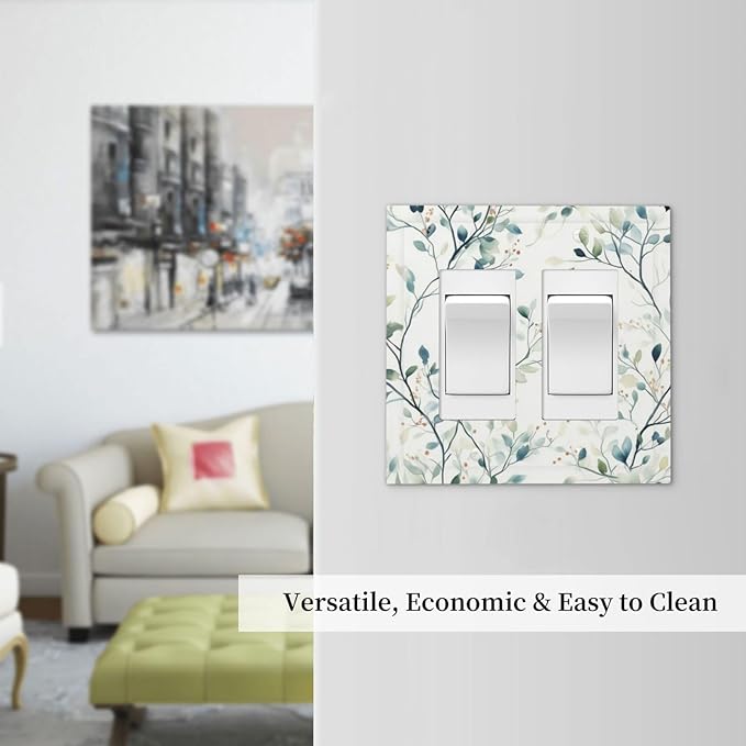 Watercolor Floral Green Leaves Double Rocker Light Switch Cover Green Botanical Flowers 2 Gang Outlet Covers Switchplates Wall Plate Decorative for Bedroom Kitchen Living Room Decor