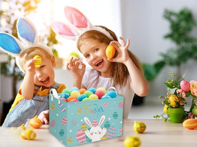 Essme Rectangular Easter Basket, Kids Storage bin Organizer with Handles for Easter Decor,Shelf Basket,Toy Organizer,Easter Gift.(Rabbit Easter Eggs)