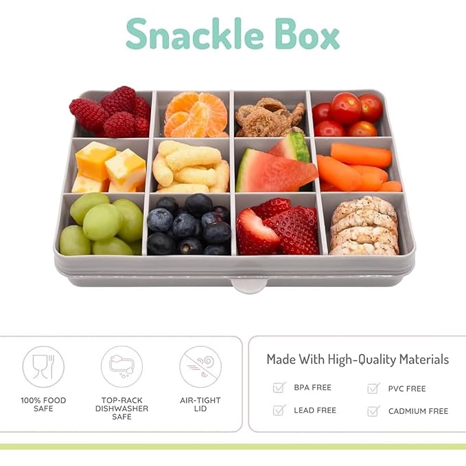 melii Snackle Box |12-Compartment Snack Container with Removable Dividers, BPA-Free Food Storage for Travel, School & On-the-Go Snacks, Kids & Family Organizer (Grey)