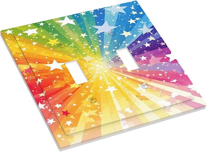 Light Switch Cover Plate Rainbowcolored Rays With White Stars 2 Gang Double Toggle Decorative Switch Plates Wall Plates Electrical Faceplate for Nursery Home Decor