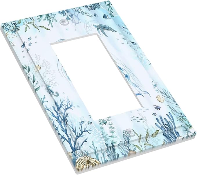 Decorative Outlet Covers Jellyfish Teal Blue Ocean Turtle Coastal Beach 1 Gang Single Rocker Light Switch Cover Plate Wall Plates GFCI Faceplate for Bedroom Bathroom Decor