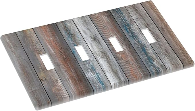 Light Switch Cover Vintage Blue Grey Wood Plank 4 Gang Switch Plate Quad Toggle Wall Plates Rustic Country Decorative Switchplate Electrical Outlet Cover Plates for Farmhouse Home Decor