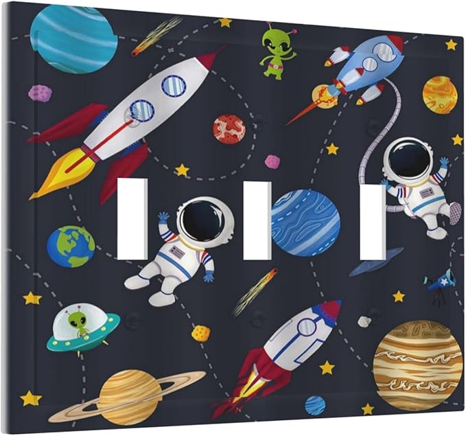 Rocket Planets Astronaut Blue Decorative 3 Gang Light Switch Covers Triple Toggle Wall Plate Decorative Switchplate Electrical Faceplate for Nursery Kidsroom Bedroom Decor