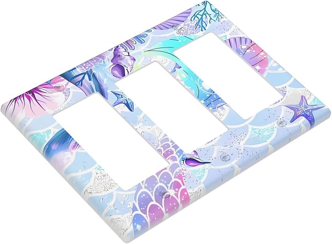 Mermaid Girl Light Switch Cover Plates Decorative 3 Gang Triple Rocker Wall Plate Electrical Switchpalte Faceplate for Kid Bedroom Home Bathroom Decor 6.4" x 4.5"