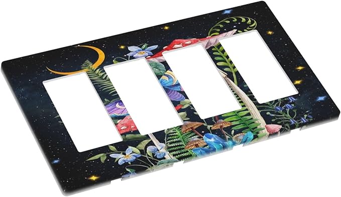 Witchy Hippie Bohemian Mushroom Boho Starry Moon Night Stars Butterfly Floral 4 Gang Quad Device Screwless Decorator GFCI/Rocker Wall Plate Light Switch Dimmer Receptacle Outlet Cover Standard Size