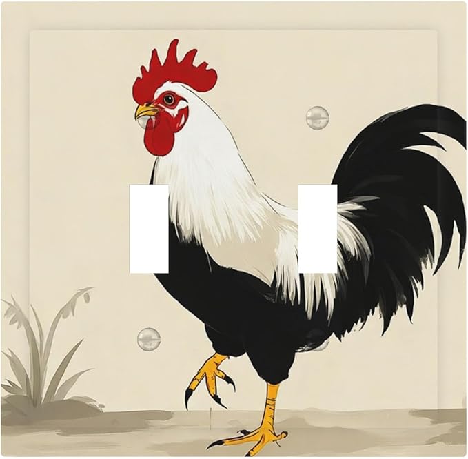 Watercolor Rooster Double Toggle Switch Cover - 2-Gang Standard US Size Farmhouse Rooster Light Switch Covers for Kitchen Living Room Dining Room Decor