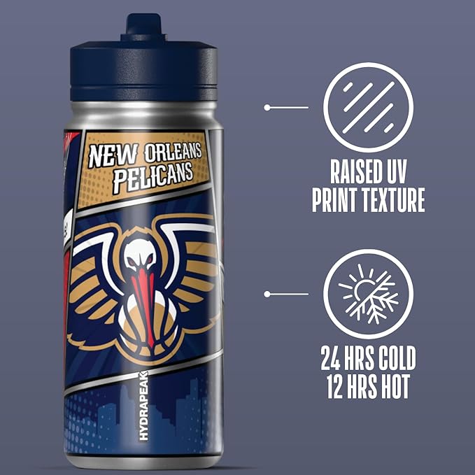 Hydrapeak x NBA New Orleans Pelicans 20 oz Stainless Steel Water Bottle, Officially Licensed Double Wall Insulated Sports Bottle with Straw Lid, Reusable Leakproof Gift for Kids & Adults