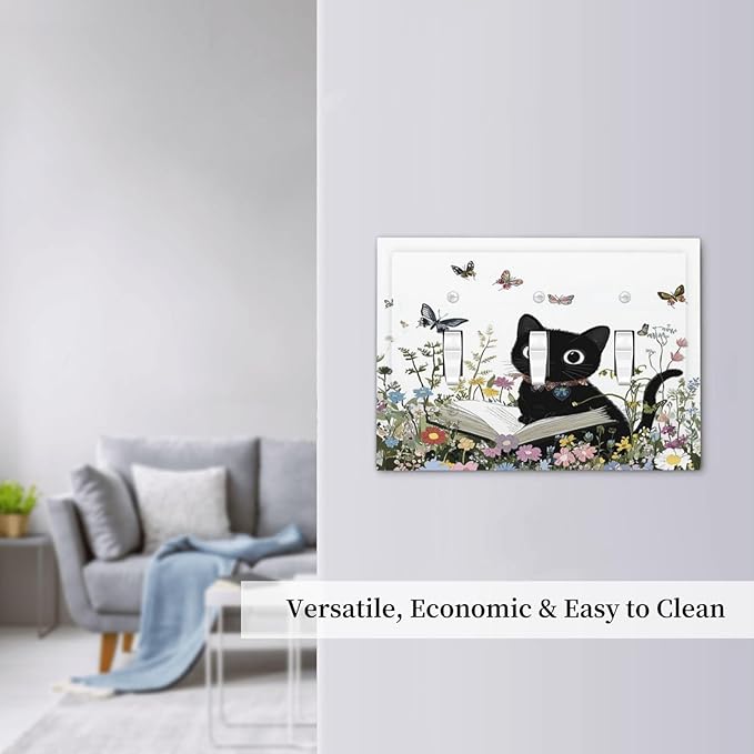 Decorative Switch Plates Cute Cat Wildflowers Boho Flowers Floral 3 Gang Wall Plate Triple Toggle Light Switch Cover Faceplate Electrical Wall Panels For Nursery Kids Room Decor