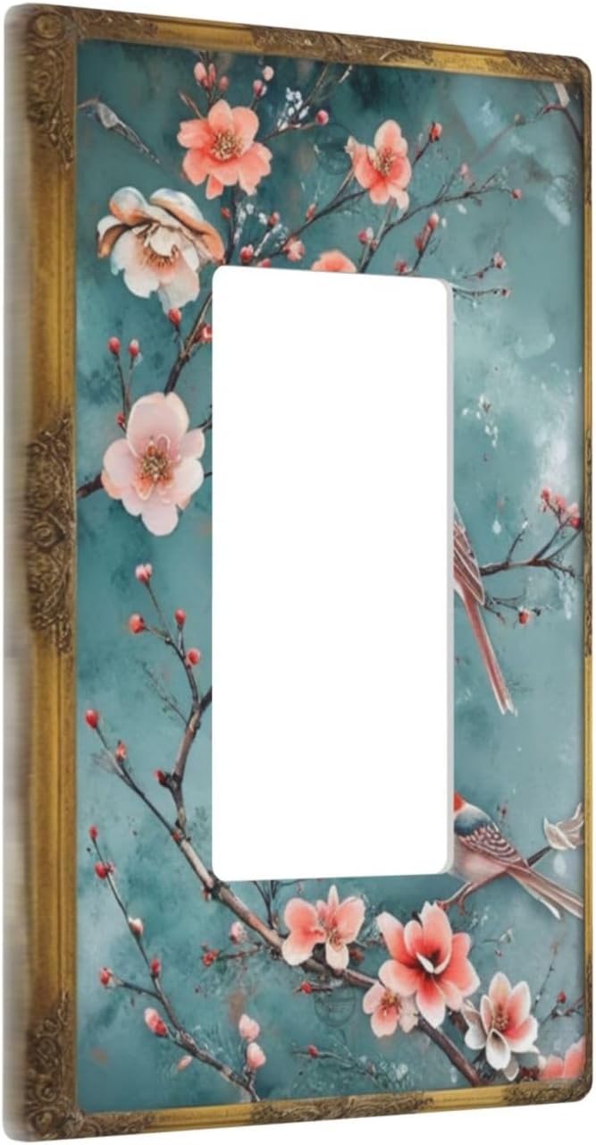 Decorative Art Light Switch Covers Vintage Chinoiserie Oriental - Teal Birds and Floral Branch 1 Gang Rocker Outlet Wall Plate Switchplate Electrical Faceplate for Home Decor