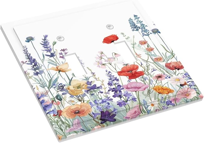 Colorful Floral Purple Lavender Flower Leaves Plants Decorative Switch Plates 2 Gang Double Toggle Outlet Light Switch Cover Wall Plate Electrical Faceplate for Bed Room Living Room Decor