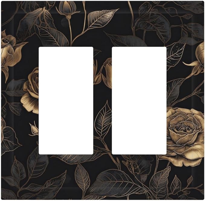 Black Floral Dark Vintage Gold Rose Flower Decorative Outlet Covers 2 Gang Double GFCI Rocker Electrical Wall Panels Light Switch Cover Plate for Bedroom Living Room Decor