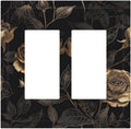 Black Floral Dark Vintage Gold Rose Flower Decorative Outlet Covers 2 Gang Double GFCI Rocker Electrical Wall Panels Light Switch Cover Plate for Bedroom Living Room Decor