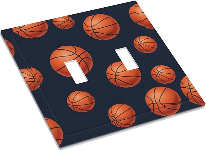 Basketball Double Toggle Switch Cover - 2-Gang Standard US Size Sports Design Navy Blue Light Switch Covers, Vintage Basketball for Boys Room