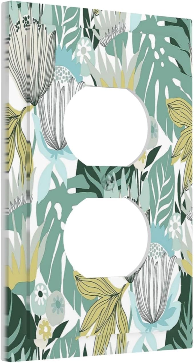 Retro Tropical Leaves 1 Gang Wall Plate Single Duplex Outlet Cover Receptacle Decorative Light Switch Cover Plate Electrical Faceplate Socket for Bedroom Bathroom Kitchen Decor