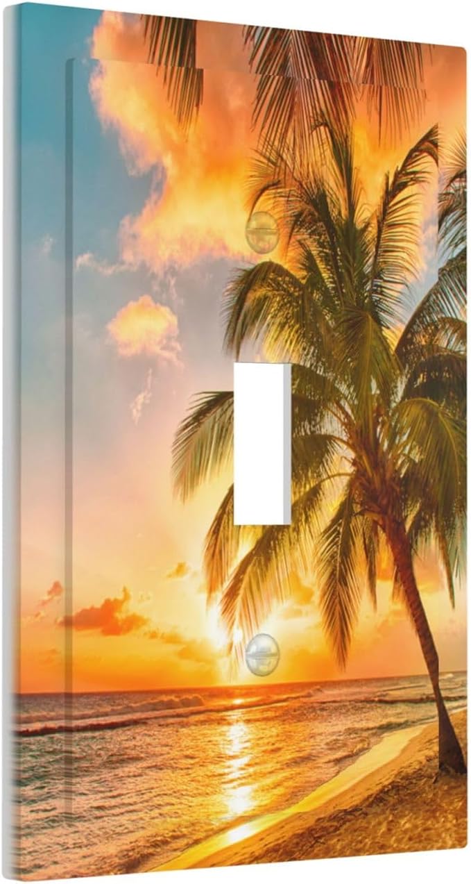Light Switch Cover Sunset Beach Palm Tree Seascape 1 Gang Wall Plate Cover Tropical scenery Single Toggle Outlet Covers Decorative Switchplate Electrical Faceplate for Bathroom Home Decor