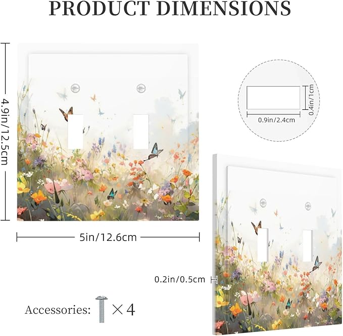 Wildflowers Watercolor Floral Colorful Butterfly Decorative Switch Plates 2 Gang Double Toggle Outlet Light Switch Cover Wall Plate Electrical Faceplate for Farmhouse Bed Room Decor
