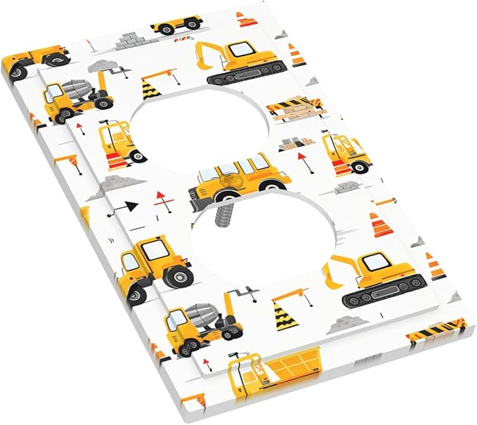 Construction Vehicles & Trucks Pattern Duplex Wall Plate - 1-Gang Standard US Size Little Builder's Dream Outlet Covers for Boy's Bedroom Decor