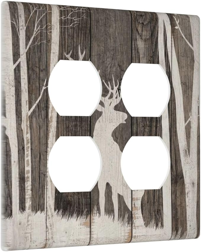 Vintage Wood Forest Deer Wildlife Animal Silhouette Outlet Covers 2 Gang Double Duplex Decorative Light Switch Covers Electrical Wallplates Socket Faceplate for Farmhouse Home Decor