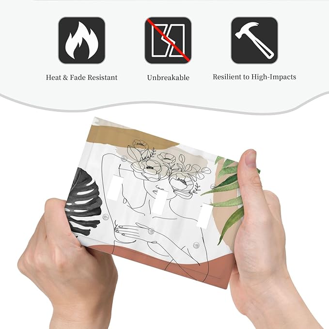 Mid Century Abstract Women Lady Boho Palm Leaf 3 Gang Light Switch Covers Decorative Unique Triple Toggle Wall Plate Electrical Faceplate Switchplate for Kitchen Bathroom Bedroom Home Decor