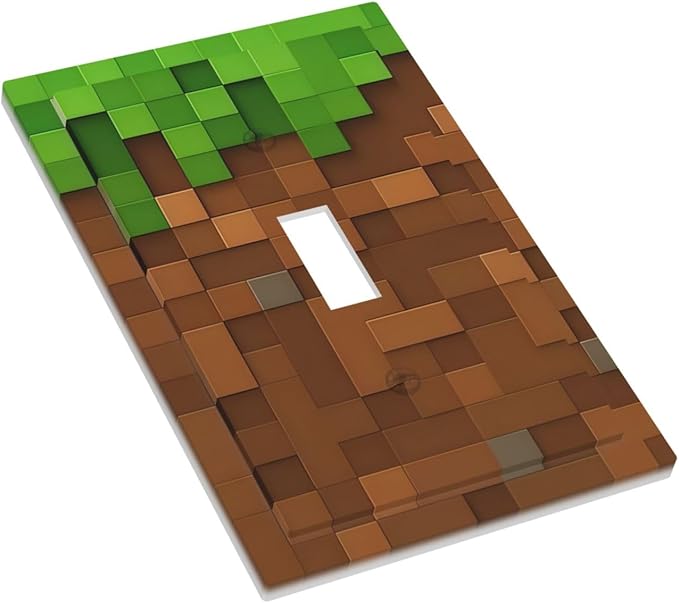 Pixel Style Gamer Themed Grass Block Decorative Light Switch Cover 1 Gang Single Toggle Device Electrical Faceplate Switchplates Decorator Outlet Wall Plate for Kids Room Office Home Decor