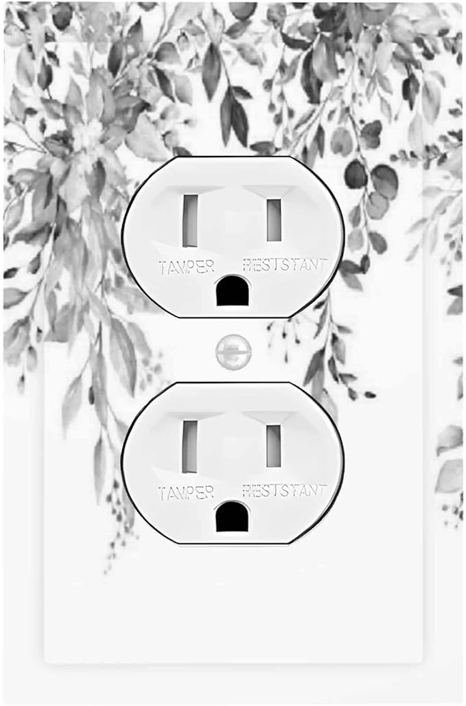 Outlet Covers Grey Floral Plant Eucalyptus Leaf Flower 1 Gang Duplex Light Switch Cover Decorative Switch Plates Electrical Receptacle Faceplate Wall Plate For Bed Room Living Room Decor