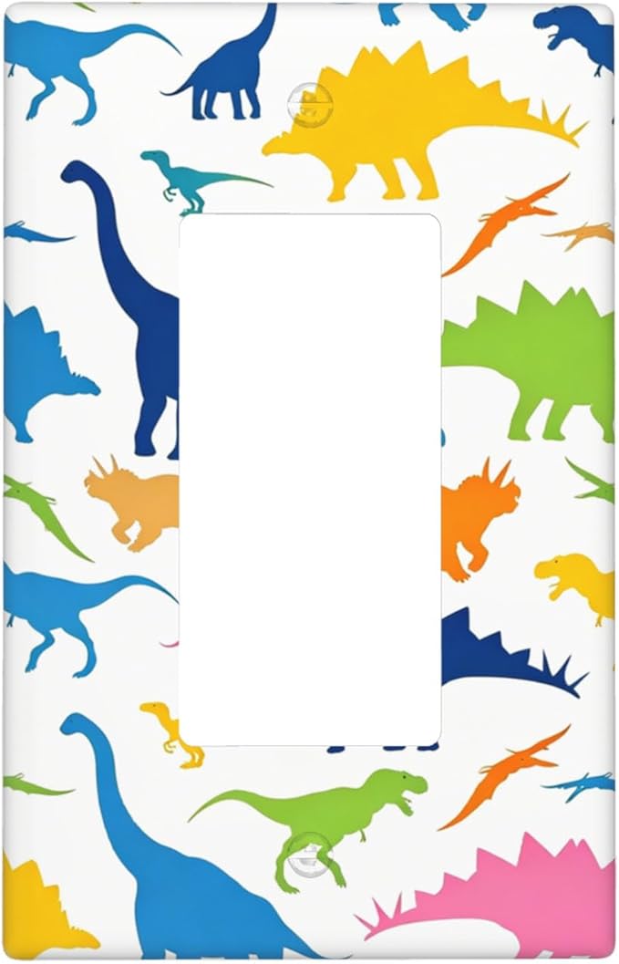 Colorful Dinosaur 1-Gang Rocker Wall Plate, Watercolor Blue & Green Dinosaur Cartoon Decorative Switch Plate for Boys Bedroom, Playroom & Nursery