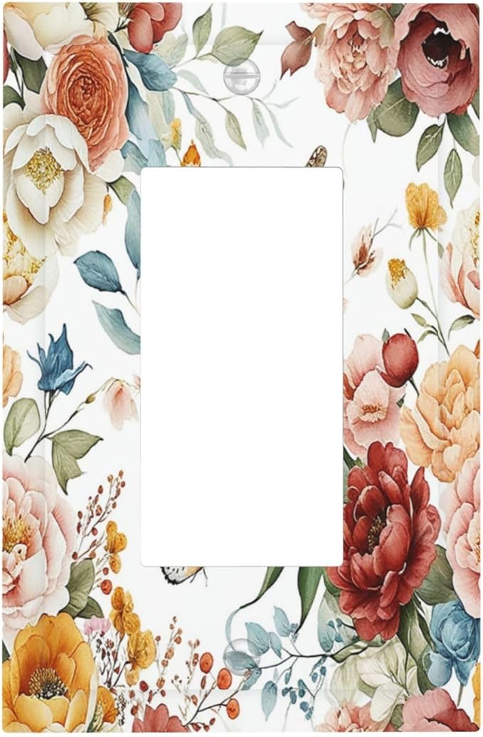 Rustic Style Colorful Peony Butterfly Dragonfly Decorative Outlet Covers 1 Gang Single Rocker Wall Plates Gfci Faceplate Light Switch Cover Plate for Bedroom Living Room Decor