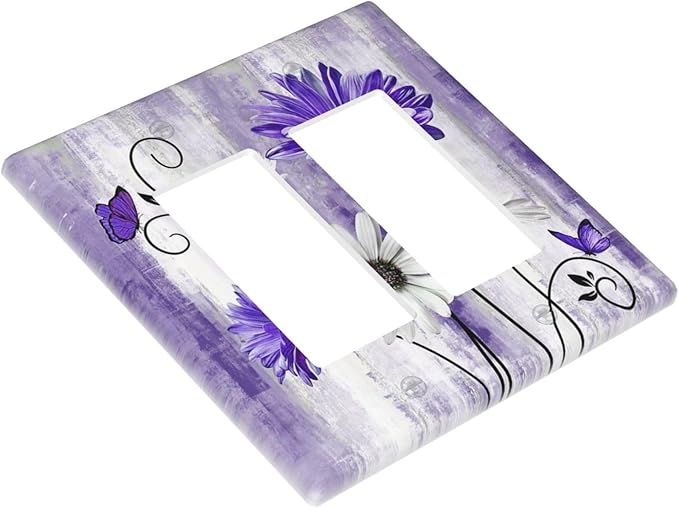 Decorative Outlet Covers Rustic Purple Daisy Butterfly Boho White Floral 2 Gang Wall Plate Cover Double Rocker Decora Light Switch Covers Plate Jumbo Dual Electrical GFCI Switch Plate Cover