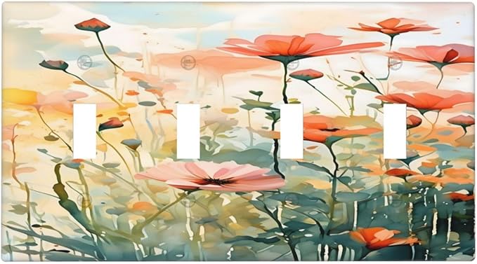 Vintage Red Orange Yellow Poppy Floral Flowers Light Switch Covers Quad Toggle Electrical Faceplate 4 Gang Wall Plate Decorative Switch Plates Cover for Bedroom Living Room Decor
