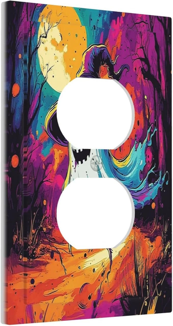 Outlet Covers Ghost Colorful Forest Moon Dead Tree 1 Gang Duplex Light Switch Cover Decorative Switch Plates Electrical Receptacle Faceplate Wall Plate For Nursery Kids Room Decor