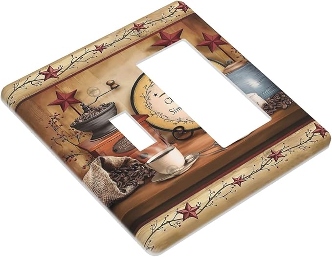 Retro Kitchen Western Cabin Coffee 2 Gang Combination 1-Toggle 1-Decorator/Gfci Device Wall Plates Old Country Life Texas Star One Rocker with Toggle Combo Light Switch Plates and Socket Outlet Covers