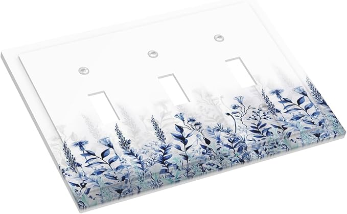 Decorative Light Switch Cover Plate Rustic Blue Plants Wildflowers Boho Leaves Unique 2 Gang Wall Plate Cover Double Toggle Switch Plate Covers Electric Dual Device Electrical Faceplate
