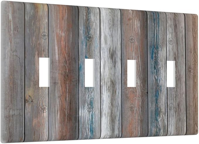 Light Switch Cover Vintage Blue Grey Wood Plank 4 Gang Switch Plate Quad Toggle Wall Plates Rustic Country Decorative Switchplate Electrical Outlet Cover Plates for Farmhouse Home Decor