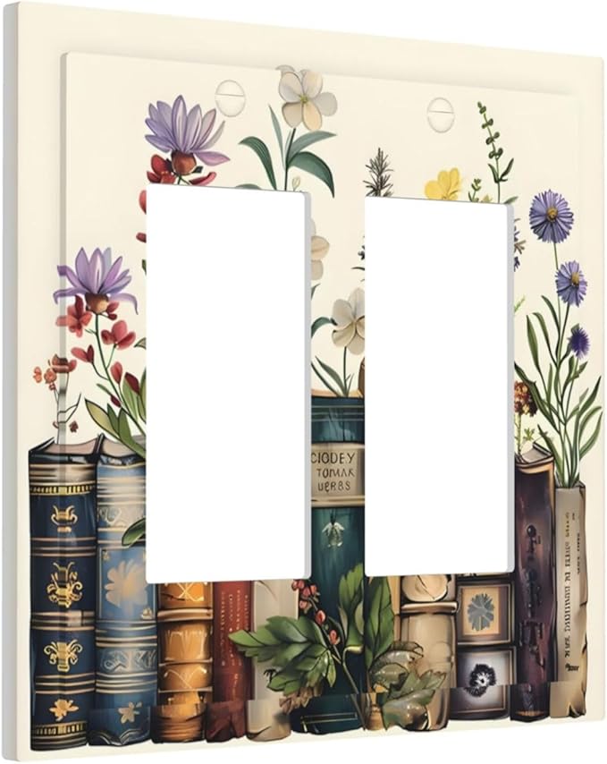 Plant Floral Books Colorful Flower Decorative Outlet Covers 2 Gang Double GFCI Rocker Electrical Wall Panels Light Switch Cover Plate for Kids Room Bedroom Decor