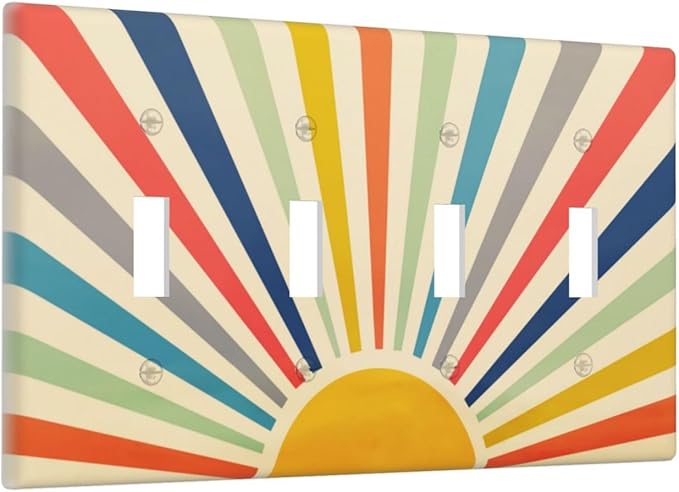 70s 60s Hippie Bohemian Minimalist Aesthetics Art Mid Century Boho Abstract Sun Sunrise 4 Gang Quad Toggle Outlet Cover Light Switch Cover Wall Plate Electrical Faceplate