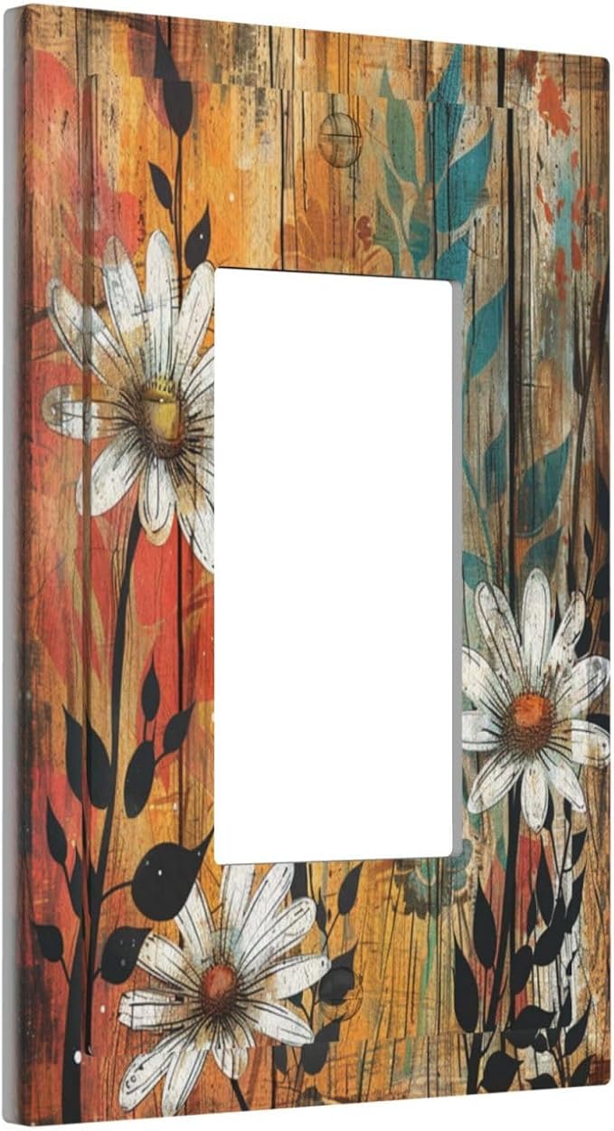Light Switch Cover Plate Vintage Wooden Daisies Butterflies Floral 1 Gang Outlet Covers Single Rocker Decorative Switch plates Electrical Wall Plates GFCI Receptacle for Bathroom Farmhouse