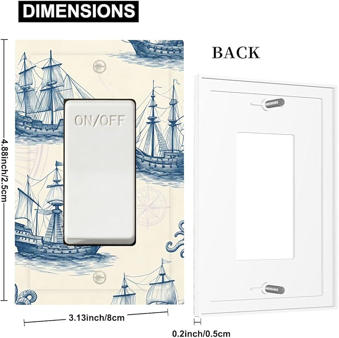 Vintage Nautical Ships Single Rocker Switch Cover - 1-Gang Standard US Size Old World Sailing Vessels Light Switch Covers, Blueprint Design for Beach House Decor