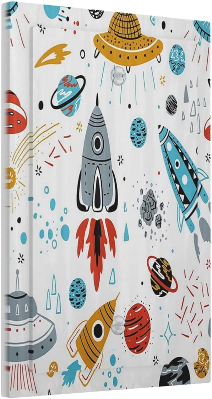 Cartoon Space Rocket Boys Universe Planet 1 Gang Light Switch Covers No Device Wall Plate Decorative Unique Blank Switchplate Electrical Faceplate for Nursery Kidroom Bedroom Home Decor