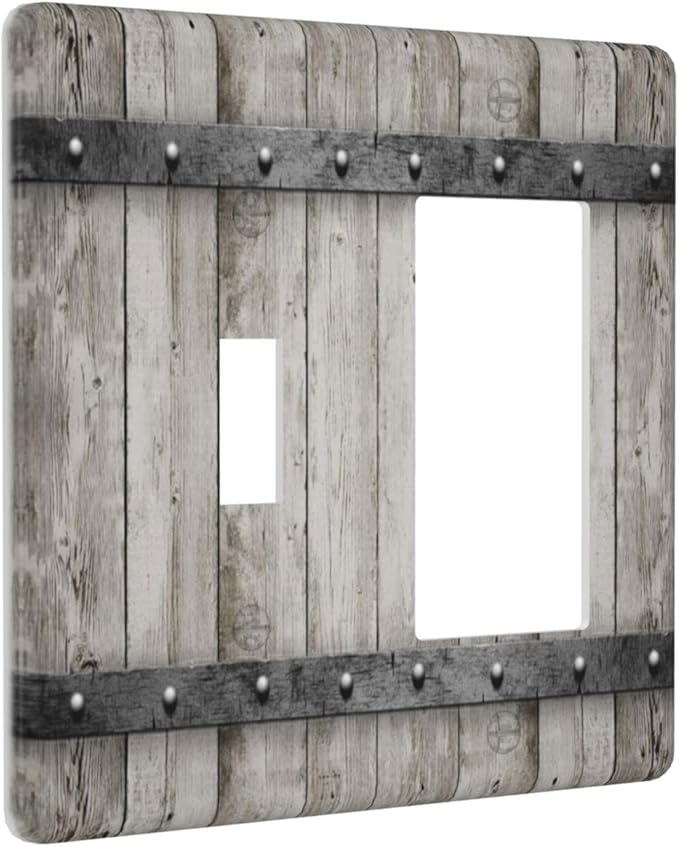 2 Gang Barn Door Toggle Rocker Light Switch Cover Decorative Combin Wall Plate Cover Plastic Faceplate Vintage Farmhouse Country Rustic for Bathroom Home Bedroom Art Panel Decor 4.5 X 4.5 In