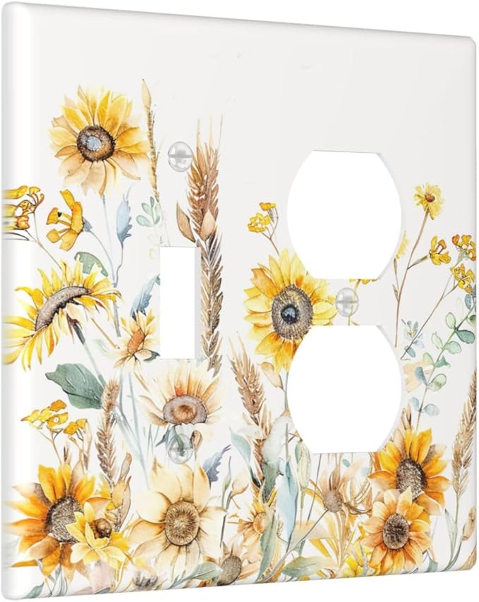 Yellow Floral Sunflowers Wheat Ears Watercolor Wild Flowers Wallplates 1 Toggle 1 Duplex Switch Plate Electrical GFCI Faceplate Decorative Light Switch Covers for Bedroom Living Room Decor