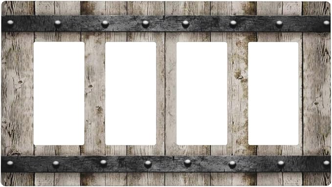 Vintage Retro Western Barn Cabin Wood 4 Gang Quad Rocker/GFCI/Decorator Light Switch Cover Plate Decorative Electric Faceplate Decorative Switchplate Screwless