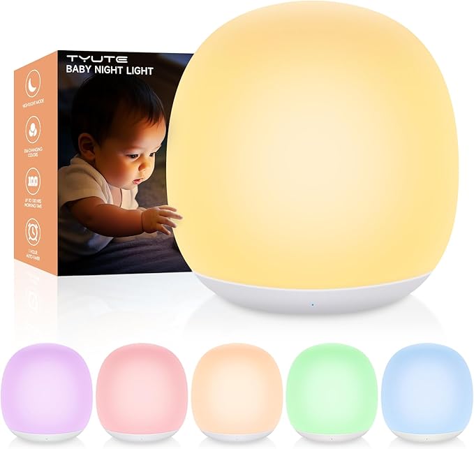 Tyute Baby Night Light, Nursery Night Lamp with 8 RGB Colors Changing, Soft BPA Free Silicone Touch Night Light for Kids Room Breastfeeding, 1h Timer, Rechargeable & Stepless Dimming