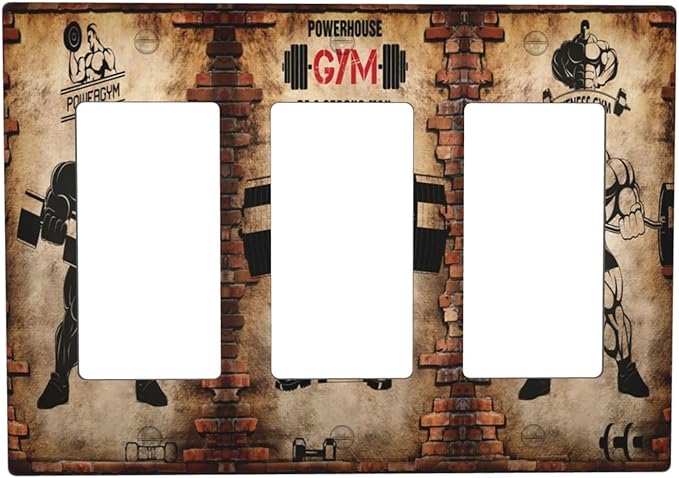 Vintage Gym Retro Brick Dumbbell Triple Rocker Wall Plates Light Switch Plate Covers Decorative GFCI Lightswitch Faceplate Dimmer for Bedroom Kidroom Bathroom Gyms Decor