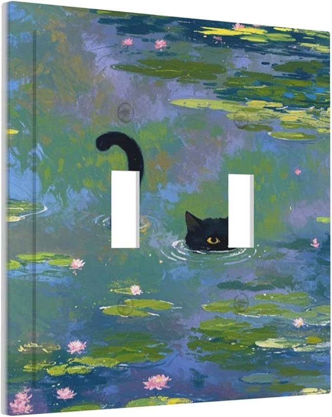 Light Switch Cover Plate Cute Black Cat Water Lily Pond Watercolor 2 Gang Double Toggle Decorative Switch Plates Plug Cover Wall Plates Electrical Faceplate for Kids Room Nursery Decor