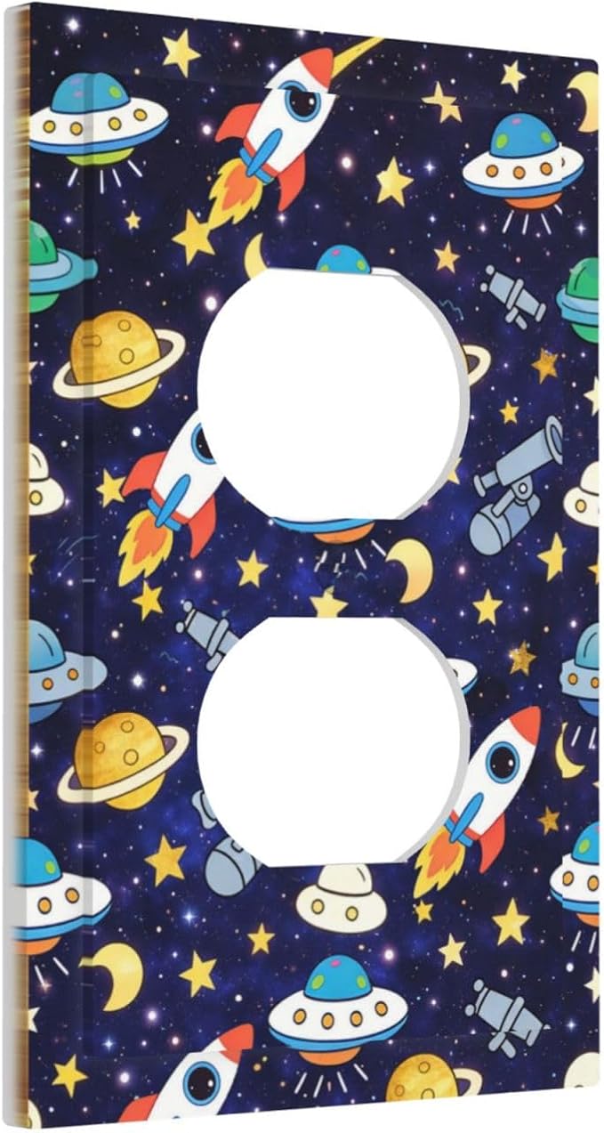 Decorative Outlet Covers Blue Space-themed Rocket Spaceship 1 Gang Duplex Light Switch Cover Plate Unique Wall Plates for Electrical Outlets Switch Plate Covers for Children's Room Decor