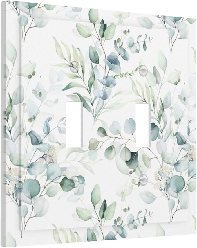 Green Eucalyptus Leaf 2 Gang Double Toggle Outlet Light Switch Cover Wall Plate Electrical Faceplate Decorative Dual Device Switchplate