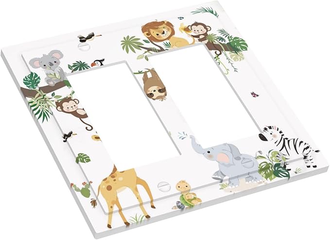 Jungle Animals Tree Branch Monkey Giraffe Lion Elephant Decorative Outlet Covers 2 Gang Double GFCI Rocker Electrical Wall Panels Light Switch Cover Plate for Kids Room Nursery Decor