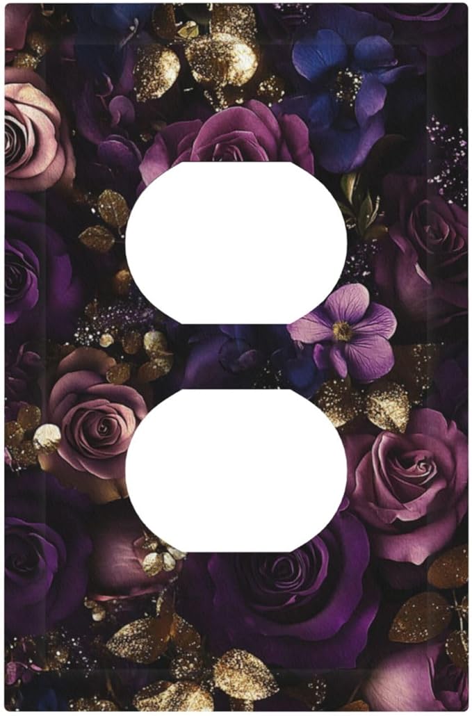 Decorative Outlet Covers with Luxurious Purple Roses Gold Accents Leaves Design 1 Gang Duplex Light Switch Cover Plate Unique Wall Plates Switchplate Cover for Romantic Bedroom/Living Room