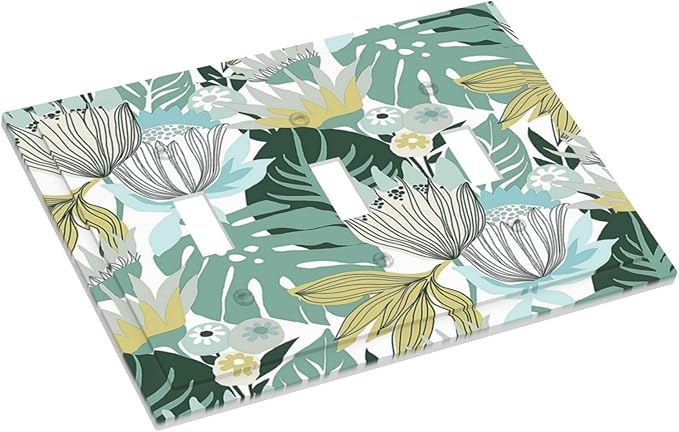 Retro Tropical Leaves 3 Gang Light Switch Cover Triple Toggle Wall Plates Decorator Receptacle Outlet Covers Electrical Switchplate Faceplate for Bedroom Bathroom Kitchen Decor