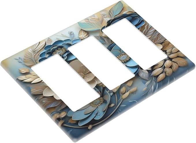 Decorative Art Light Switch Covers Blue and Creamy Floral 3 Gang Triple Rocker Outlet Switch plate GFCI Faceplate GFCI for Home Decor